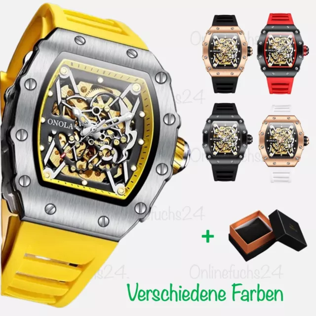 Automatik Uhr Armbanduhr Herrenuhr Tonneau mechanische Sportuhr + Box