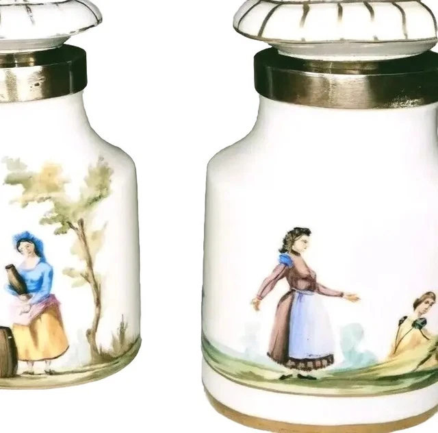 Paire de Flacons en Porcelaine Peinte XIXe ESPAGNE de Toilette ou à Parfum  RARE