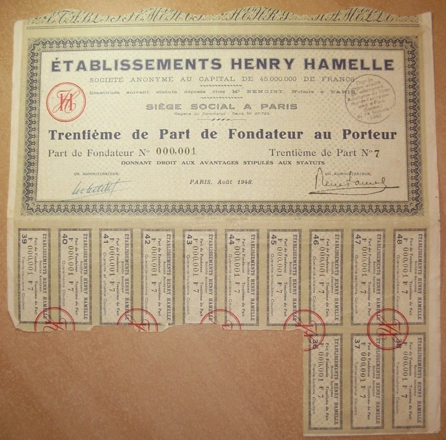 Titre Etablissements HENRY HAMELLE - Trentième de Part de Fondateur au Porteur 2