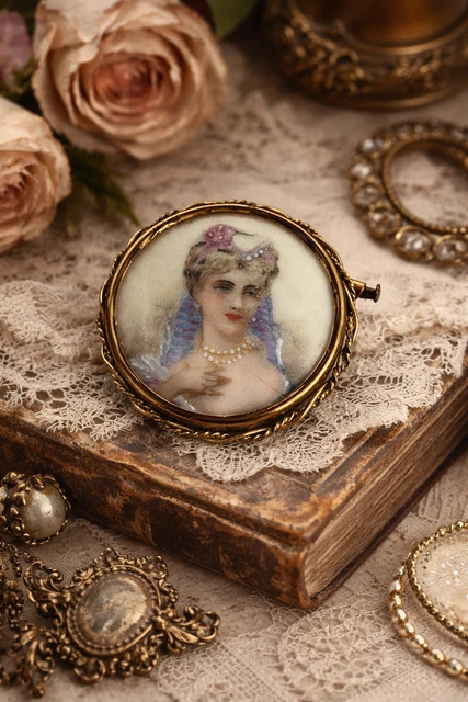 Broche Vintage En Porcelaine De Limoges Peinte à La Main - Motif Fleurs - Cuivre