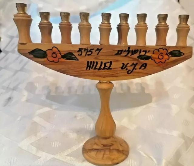 Vintage Olive Wood Hand Carved Hanukkah Menorah Lamp Israel Signed