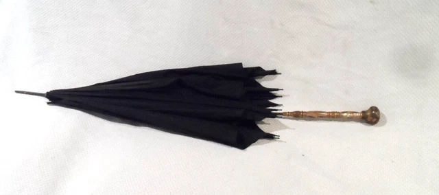 GREAT Antique Victorian Era Black Mourning Ladies Umbrella Brass Mother Of Pearl