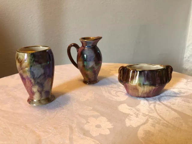 3 x Vintage Old Court Ware Lustreware, Hand-painted miniature jug vase