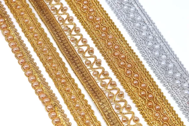 1 M Silver / Gold colour Beads Zari Edging Sew On Trim Sari border Dupatta Lace