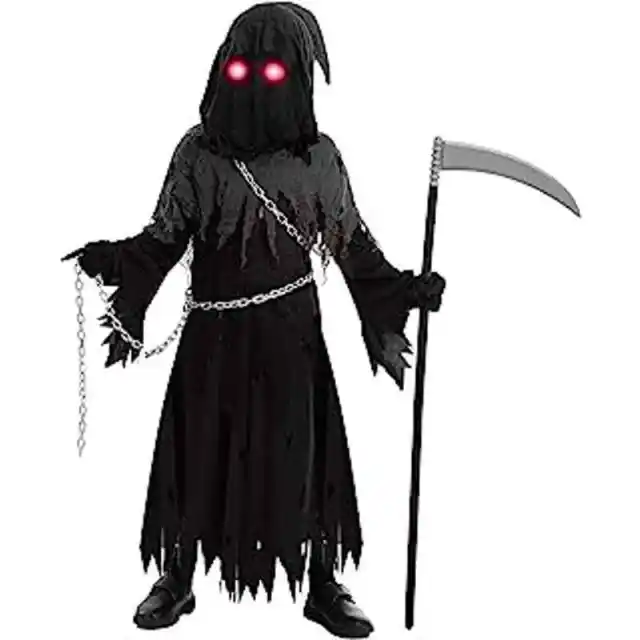 Fanskaty Kids Grim Reaper Costume  Black Grim Reaper Glowing Eyes Size 12-14