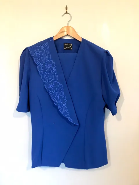 Dolina Vintage 14 (modern 10-12) Electric Blue Two Piece Skirt Power Suit 80s M