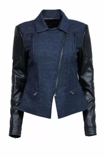 BCBG Max Azria - Navy & Black Denim Moto Jacket w/ Faux Leather (xxs)
