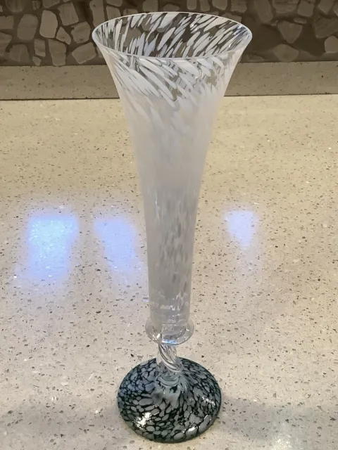 MIKASA CZECH Handblown Art Glass Champagne Flute 10 1/2” Tall Footed, Green & Wh