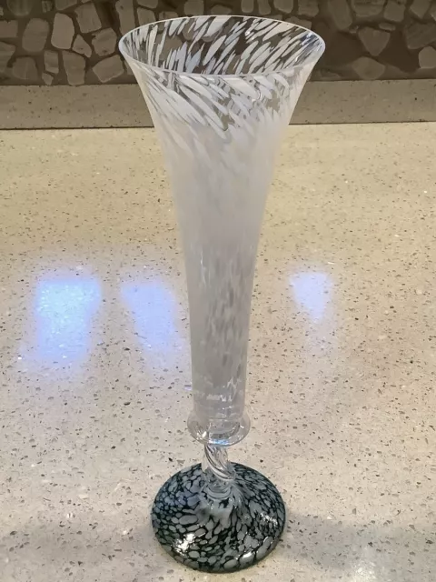 MIKASA CZECH Handblown Art Glass Champagne Flute 10 1/2” Tall Footed, Green & Wh