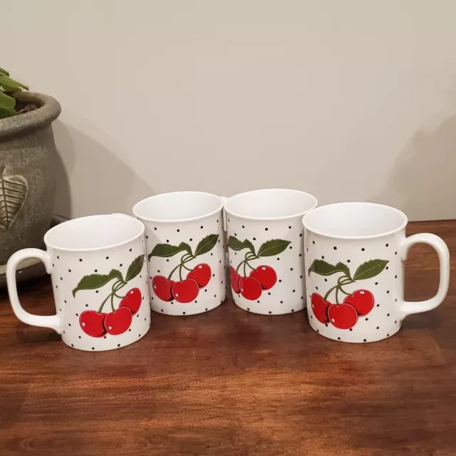 Vintage Set of 4 CURZON Cherry Coffee Tea Mug Cup Polka Dots Made in Korea
