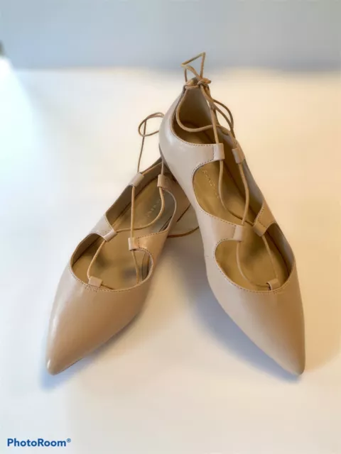 NWT Loeffler Randall Strappy Lace Up Pointed Toe Ballet Flats Beige Leather 6.5