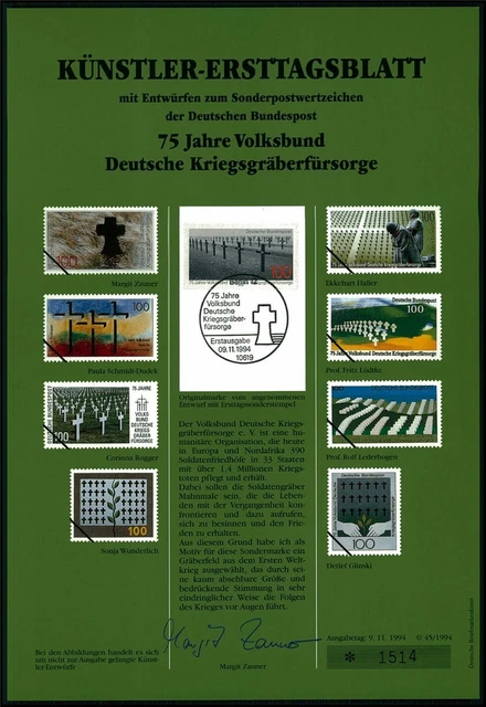 Brd Künstler-Etb 1994/45 1768 Ww2 Kriegsgräberfürsorge Entwürfe!!