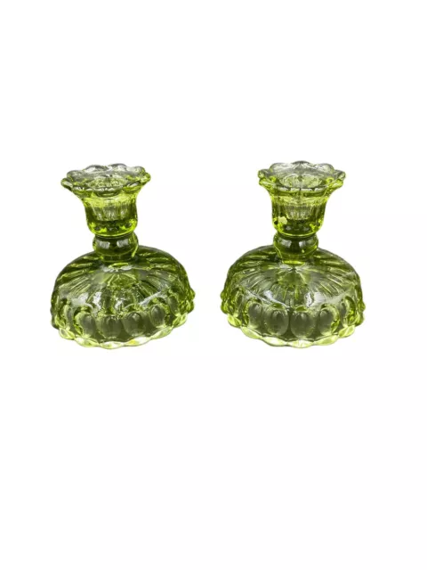 Vintage Fenton Moss Green Glass Candle Holder Set Of 2 Taper Or Pillar