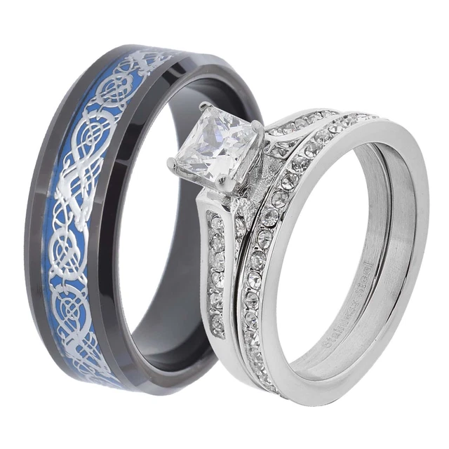 His & Her Wedding Ring Set Stainless Steel CZ Celtic Scroll Tungsten Men Band