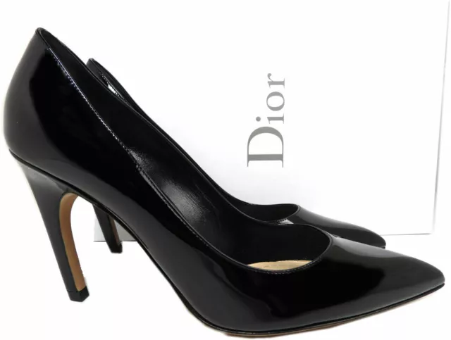 Sz 38 Christian Dior Black Patent Leather Pointy Toe Classic Pumps Shoes