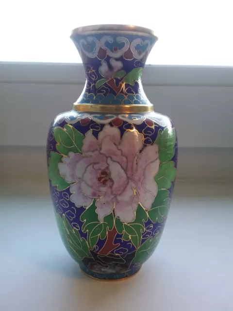 Vintage  - chinesische Cloisonne Vase Pfingstrose? - 13 cm hoch / floral / China