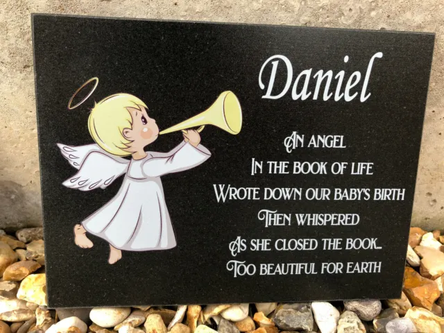 Personalised Baby Child Granite Memorial Grave Plaque - Angel Design & Verse