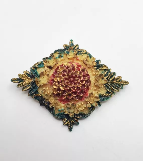 Antique Carved Celluloid And Painted Flower Brooch Red Green