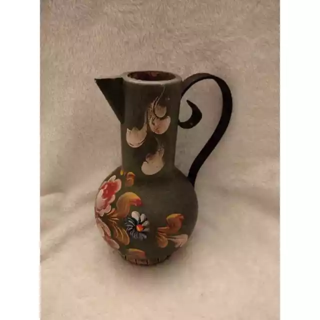 Vintage wood metal hand painted floral vase 8" tall