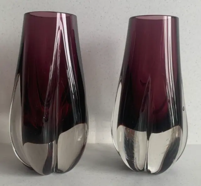 Pair of Vintage Whitefriars Aubergine Lobed Glass Vases 9727 Geoffrey Baxter