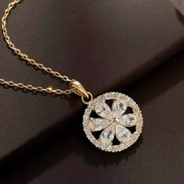 1.30Ct Pear Cut Lab Created Diamond Flower Pendant 14K Yellow Gold Plated Silver