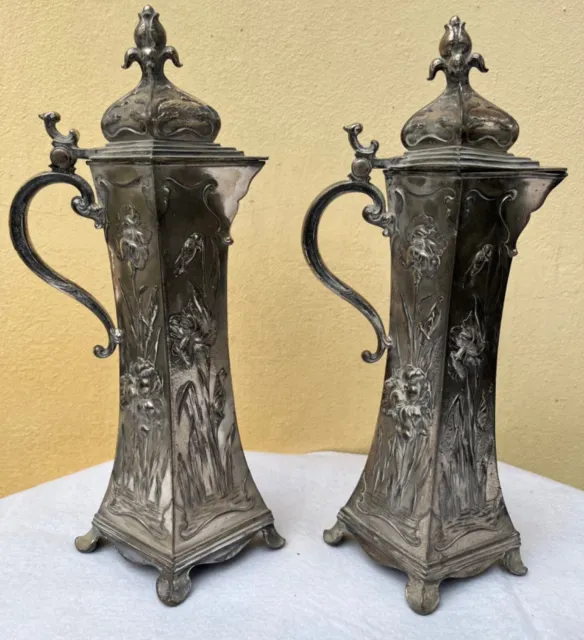 Art nouveau WMF pair of pewter claret jug pitcher circa 1900