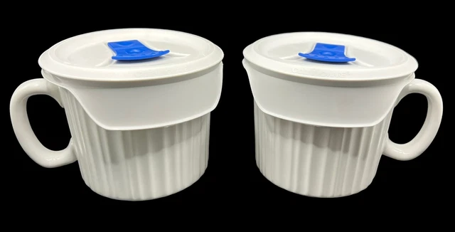 Set of 2 Corning Ware French White 20oz Stoneware Soup Cup Meal Mugs Vented Lids