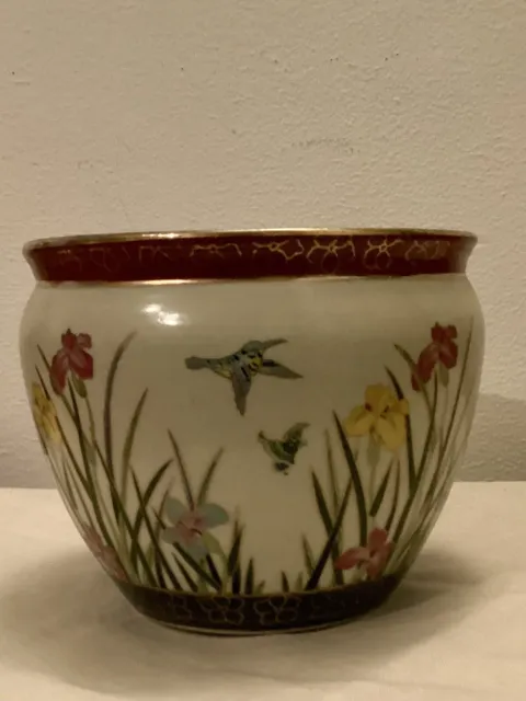 England Pottery Ming Dynasty Fish Bowl Planter, Blue Flowers & Butterflies