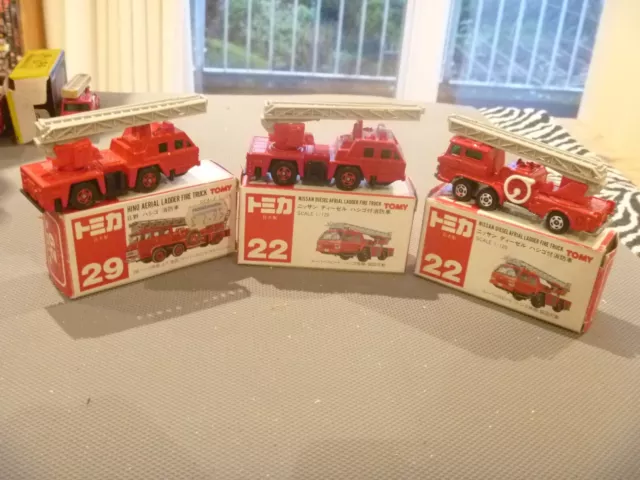 3 Vintage Boxed Tomy Tomica Nissan And Hino Fire Engines