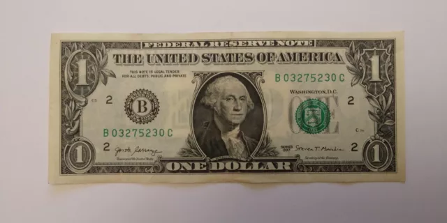 ERROR: Printing Wet Ink Transfer 2017 $1 Dollar Bill B03275230C Offset Printing 2