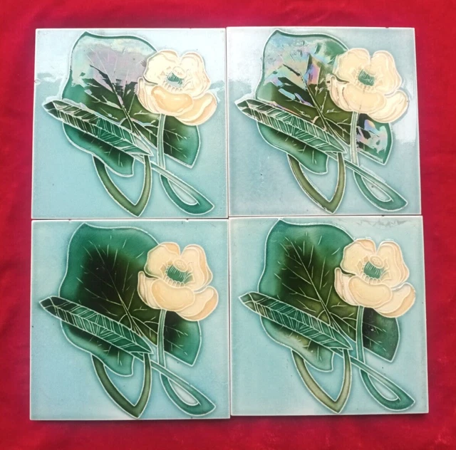 4 Pieces Lot Old Art Flower Design Embossed Majolica Ceramic Tiles Belgium 0413