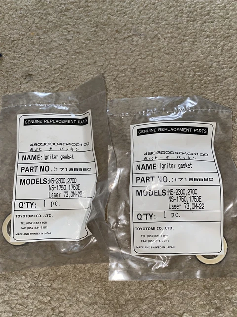 Toyotomi Toyostove Laser Heater 17185580 Igniter Gasket lot of 2 Toyotomi Toyostove Laser Heater 17185580 Igniter Gasket lot of 2