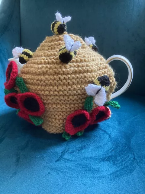 Hermoso té de abeja y amapola tejido a mano acogedor abeja y amapola abejas 2