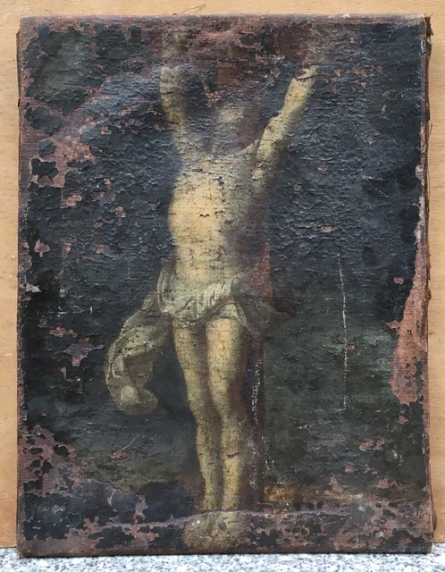 Tableau Ancien Huile Portrait Religieux Jesus Christ En Croix XVIIe A Restaurer