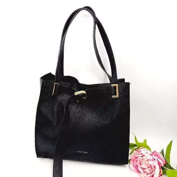 CALVIN KLEIN Nola Jetlink Black Faux Leather Tote Bag Gold Buckle & Strap Accent