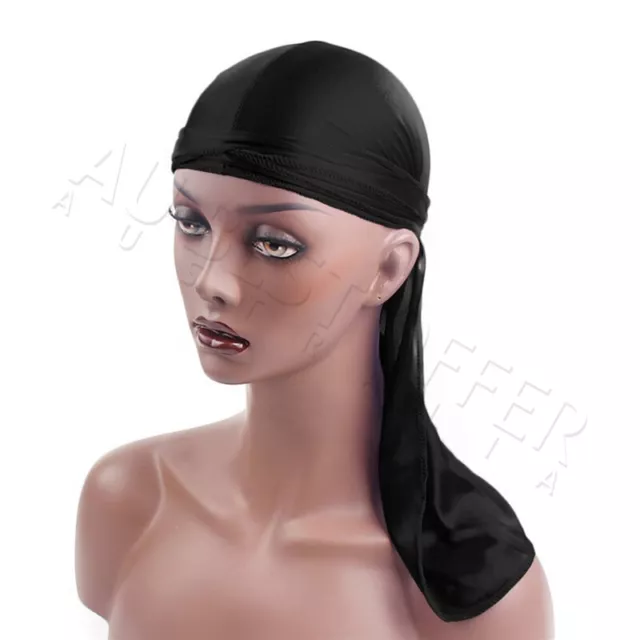 AU Unisex Men Women Bandana Doo Durag Headwear Soft Silk Pirate Cap Wrap Black 2