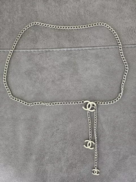 CHANEL SILVER PLATED Chain Belt/Necklace White CC Buckle $899.00