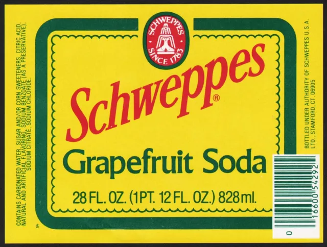 Vintage soda pop bottle label SCHWEPPES GRAPEFRUIT 28oz size Stamford CT nrmt+