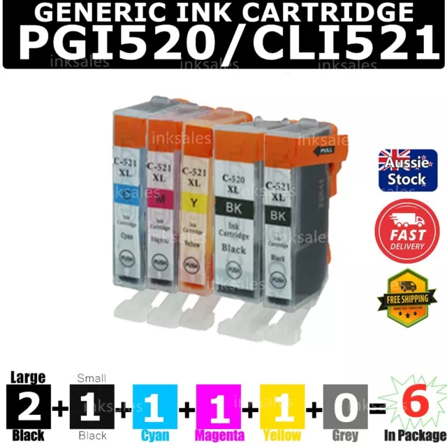 6x Generic Ink PGI-520 CLI-521 For Canon PIXMA MP540 MP550 MP620 MX860 iP3600