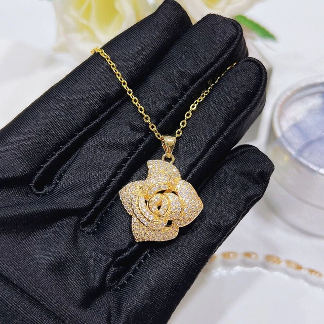 Real Moissanite 2Ct Round Rose Flower Pendant 14K Yellow Gold Plated 18" Chain