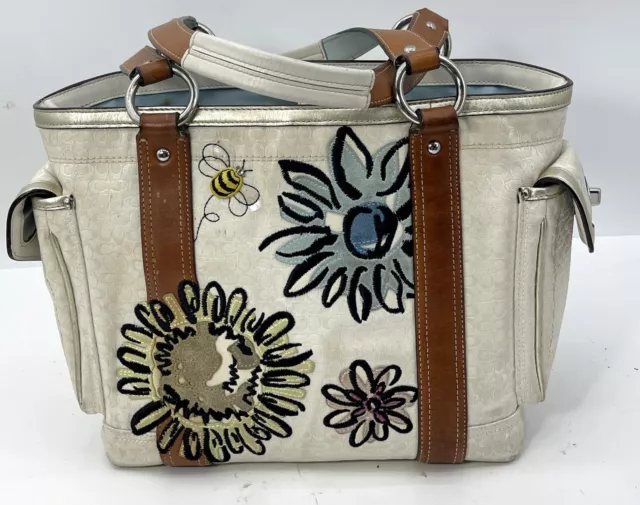 Coach  Bee Flower Women's Cream/brown/black Embroidered  Shoulder Bag Handbag '