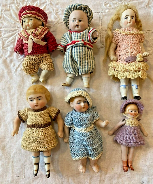 6 Doll Lot Collection Antique Bisque Mignonette Dollhouse 5 Molded Hair Barefoot