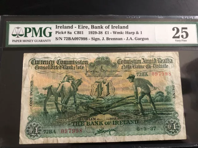 1 pound Ploughman Rep Ireland 6.9.37 Irland Eire Punt PMG 25 VF BoI 097998