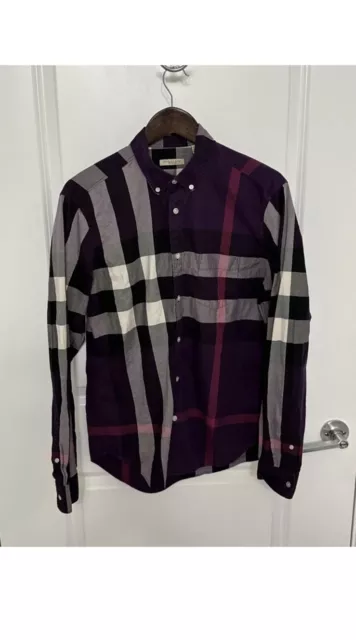 Men's BURBERRY BRIT Purple Check Plaid Cotton Shirt Button-Up Long Sleeve