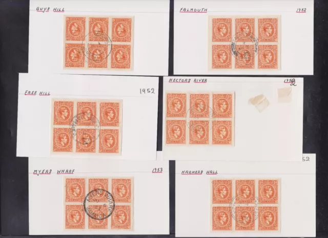 6 x Blocks of 6 - Jamaica KGVI SG121b ½d. Orange - 1952 & 1953 CDS's - On Paper