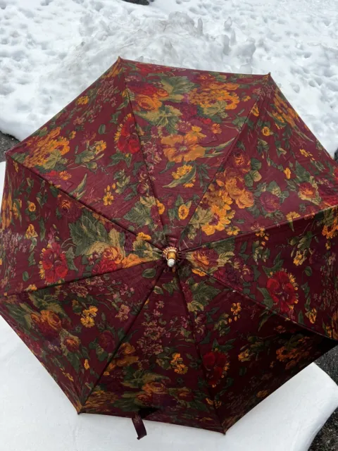 Vintage RALPH LAUREN Burgundy Floral Full-Size Umbrella Parasol w/ Wooden Handle