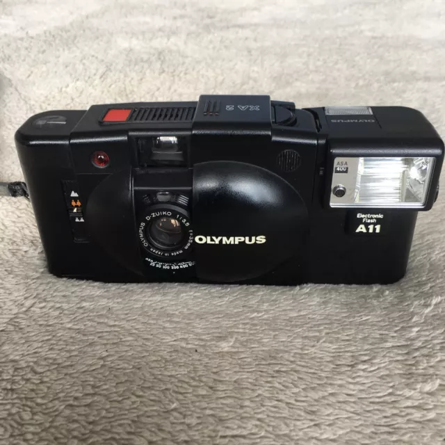 Olympus XA2 35mm Film Camera and A11 flash. FULLY TESTED. ALL WORKING. ++