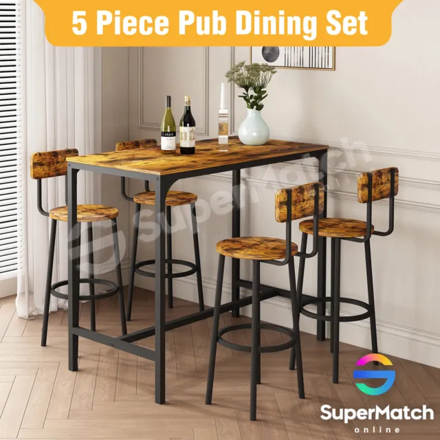 5PCS Dining Table Set 4 Stools Metal High Bar Table Stool Set Kitchen Cafe Pub