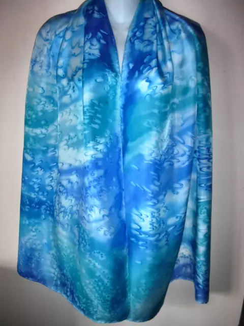 TIE DYE WATERCOLOR Silk Scarf Wrap Shawl Blue Turquoise Aqua Handrolled 70 x 21"