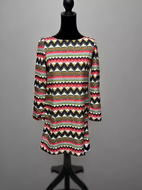 Christin Michaels Dress- Long Sleeve- Size M- Geometric Pattern W/ Puff Sleeve